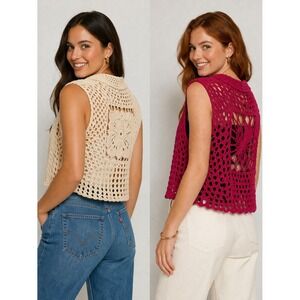 Lot of 2 Mixed Brand Women Cardigan Large Pink Beige Crochet Open Knit Boho